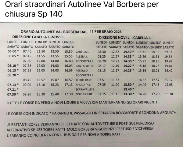Orari straordinari Autolinee Val Borbera per chiusura SP 140